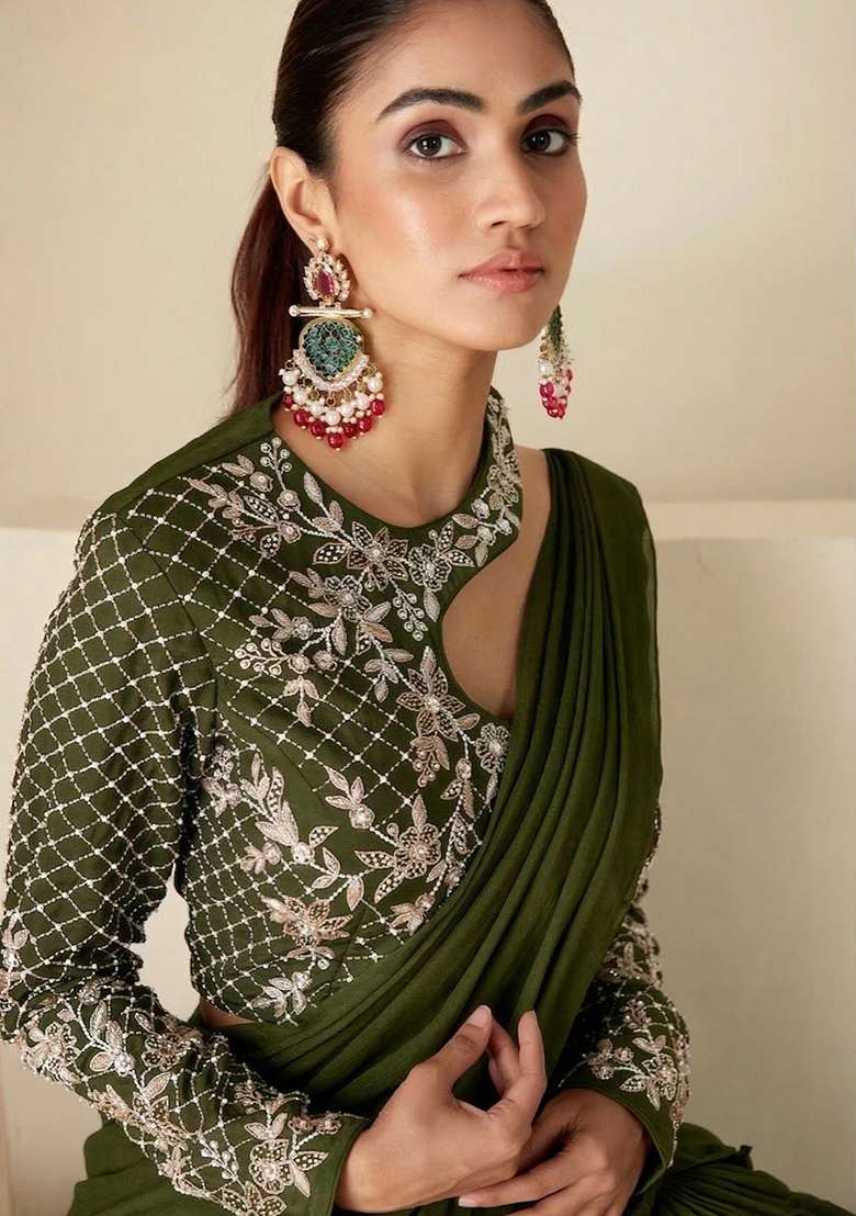 Olive Green Hand Work Georgette Fusion Set - Indya