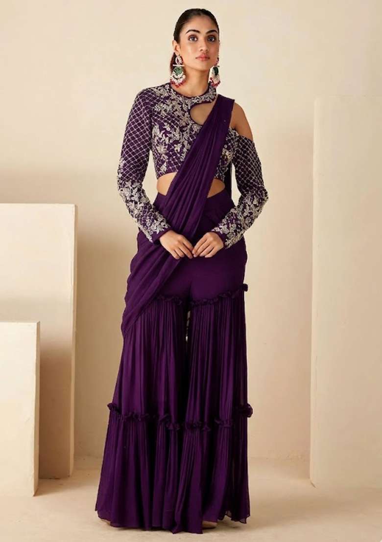 Purple Hand Work Georgette Fusion Set - Indya