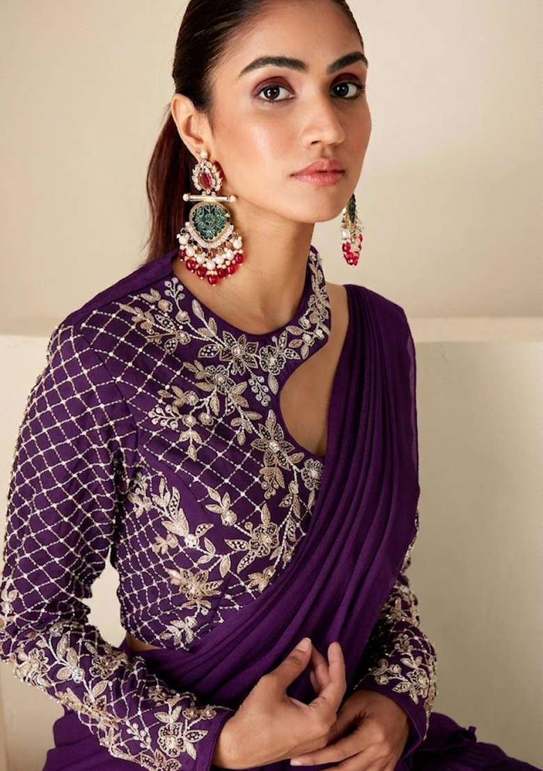 Purple Hand Work Georgette Fusion Set - Indya