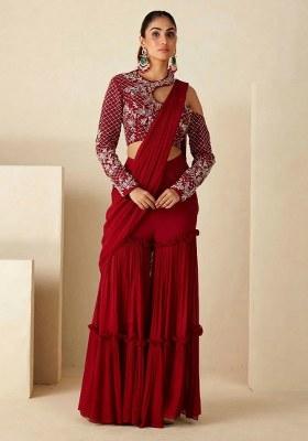 Deep Red Hand Work Georgette Fusion Set