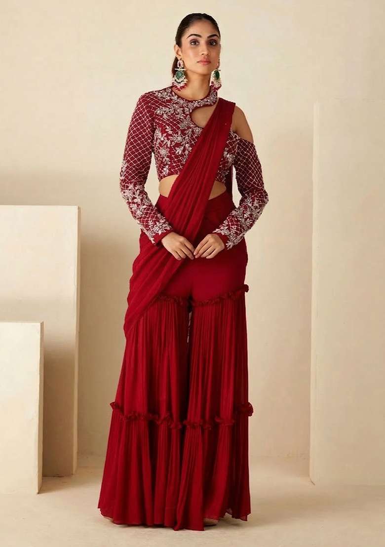 Deep Red Hand Work Georgette Fusion Set - Indya