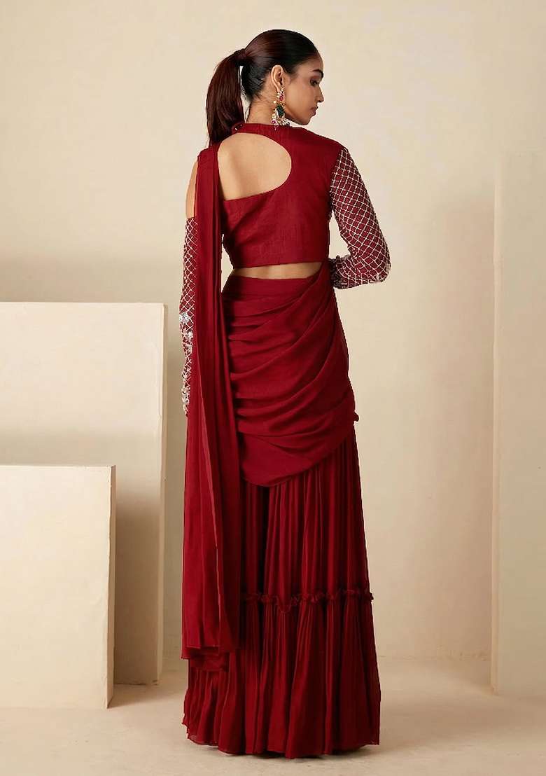 Deep Red Hand Work Georgette Fusion Set - Indya