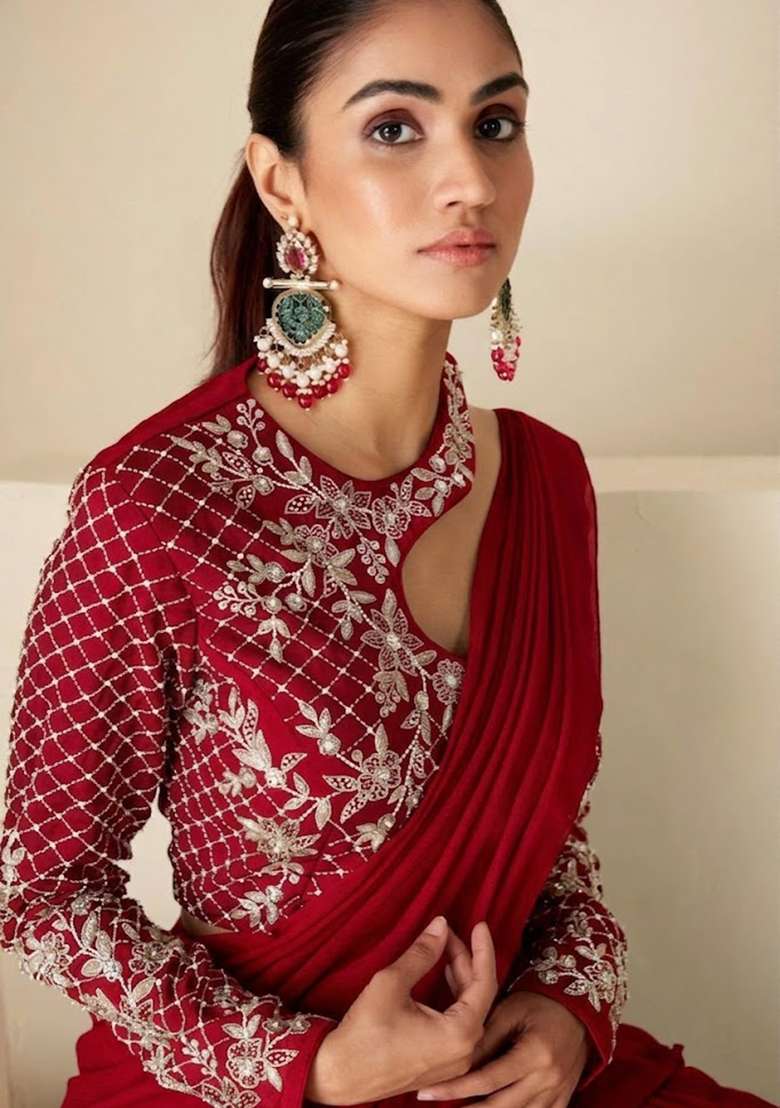Deep Red Hand Work Georgette Fusion Set - Indya