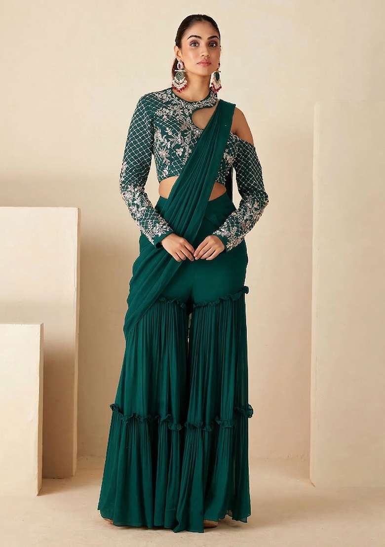 Teal Green Hand Work Georgette Fusion Set - Indya