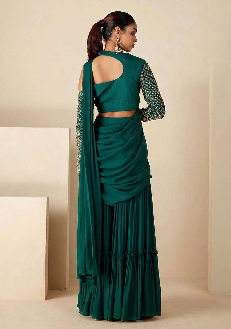 Teal Green Hand Work Georgette Fusion Set - Indya