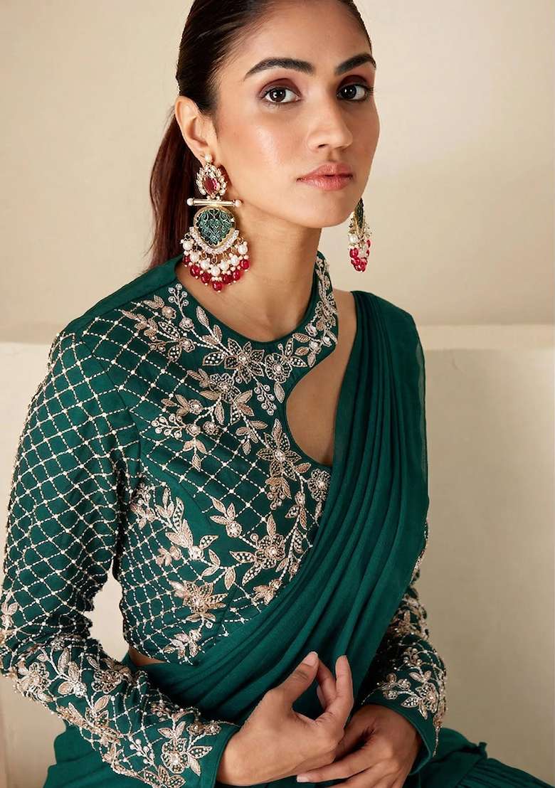 Teal Green Hand Work Georgette Fusion Set - Indya