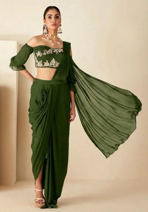 Olive Green Hand Work Georgette Pre Draped Saree Set