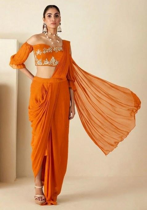 Orange Hand Work Georgette Pre Draped Saree Set
