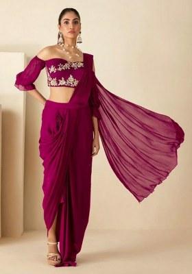 Hot Pink Hand Work Georgette Pre Draped Saree Set
