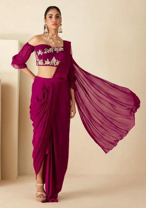 Hot Pink Hand Work Georgette Pre Draped Saree Set