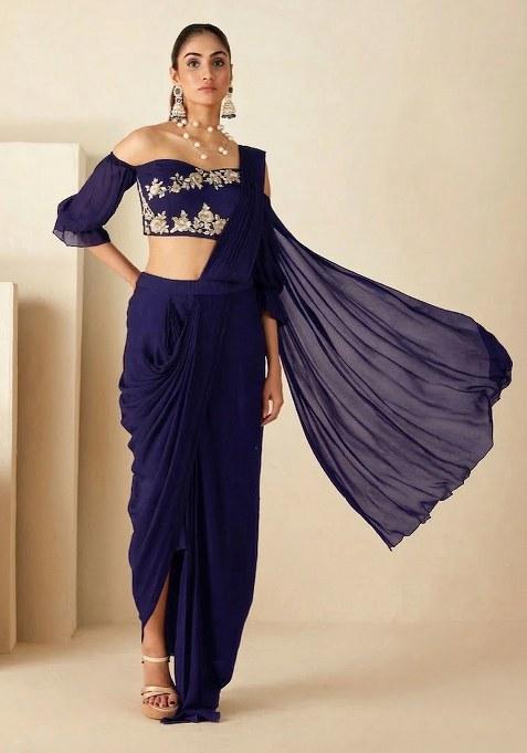 Deep Blue Hand Work Georgette Pre Draped Saree Set