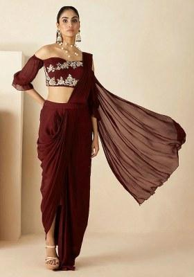 Brown Hand Work Georgette Pre Draped Saree Set