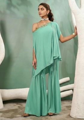 Sea Green Hand Work Crepe Fusion Set