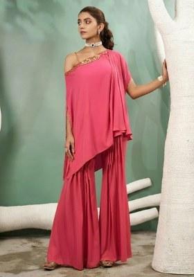 Pink Hand Work Crepe Fusion Set