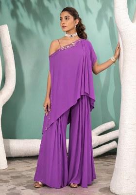 Purple Hand Work Crepe Fusion Set