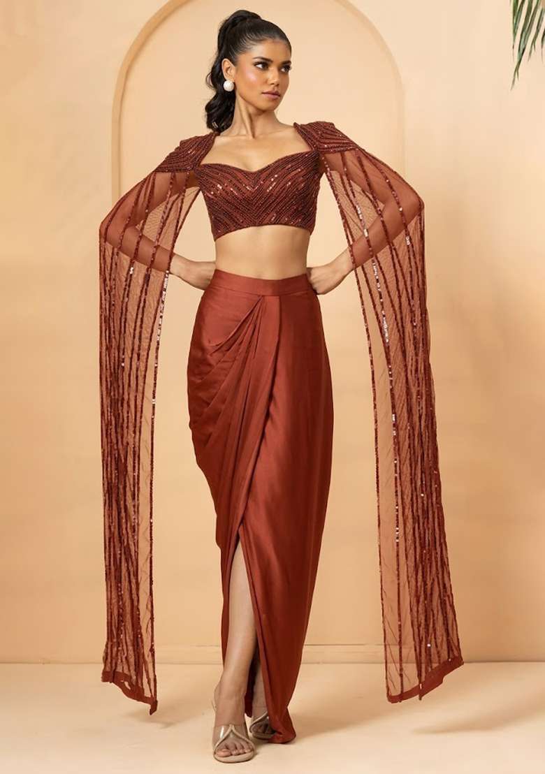 Rust Brown Hand Work Satin Fusion Set - Indya