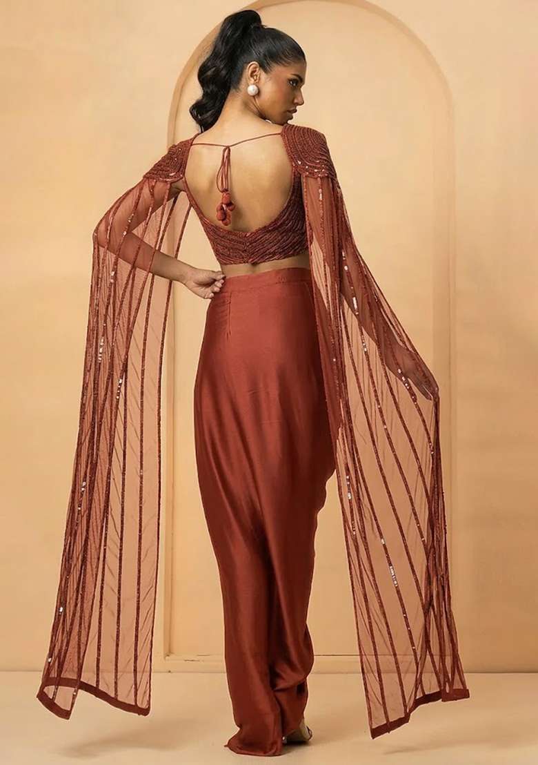 Rust Brown Hand Work Satin Fusion Set - Indya