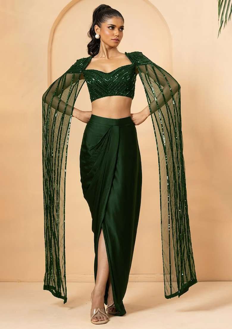 Deep Green Hand Work Satin Fusion Set - Indya