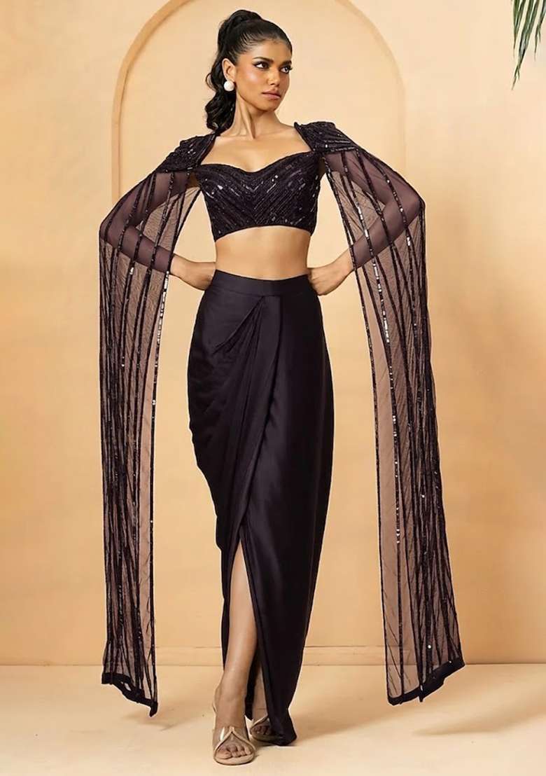 Black Hand Work Satin Fusion Set - Indya