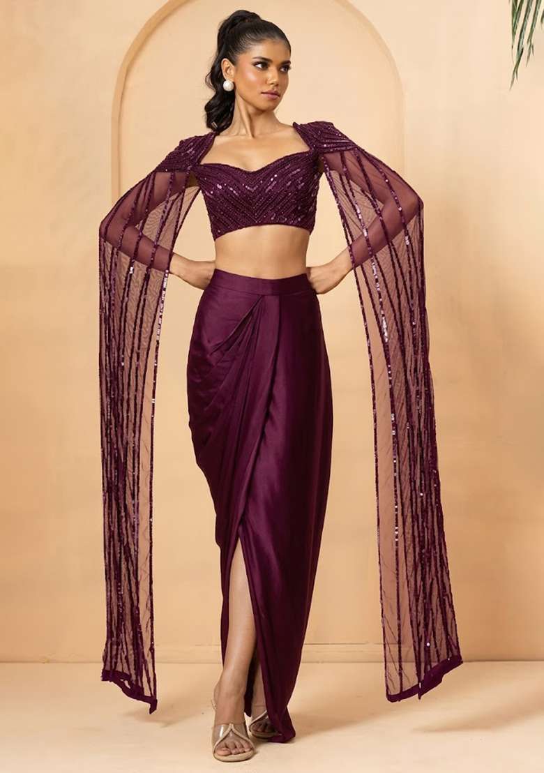 Deep Plum Hand Work Satin Fusion Set - Indya