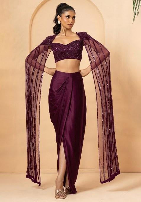 Deep Plum Hand Work Satin Fusion Set