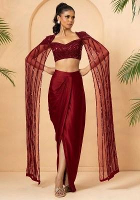 Red Hand Work Satin Fusion Set