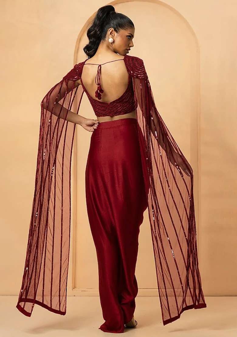 Red Hand Work Satin Fusion Set - Indya