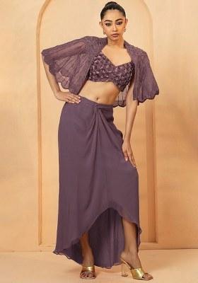 Mauve Purple Hand Work Chiffon Fusion Set