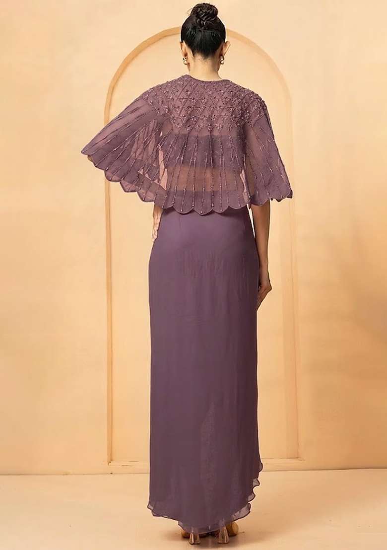 Mauve Purple Hand Work Chiffon Fusion Set - Indya