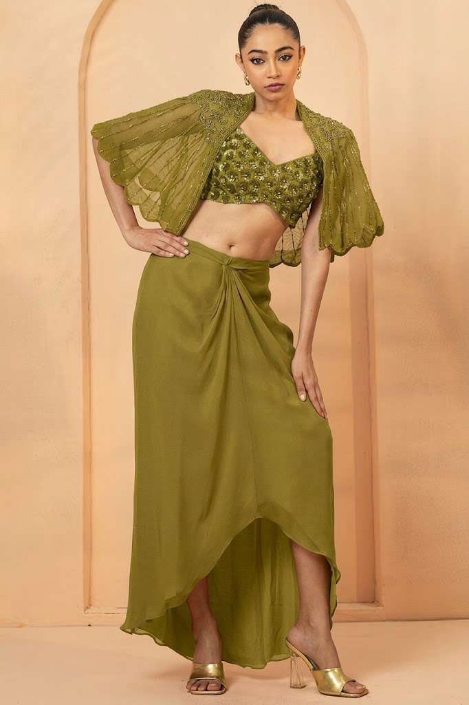 Olive Green Hand Work Chiffon Fusion Set - Indya