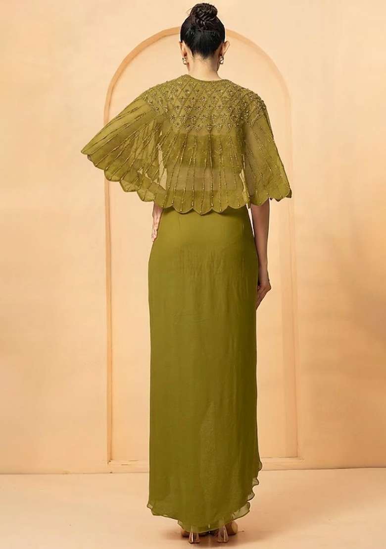 Olive Green Hand Work Chiffon Fusion Set - Indya