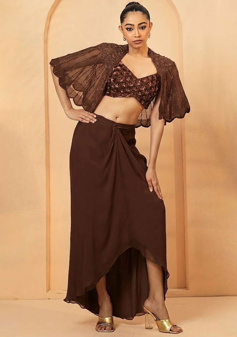 Brown Hand Work Chiffon Fusion Set - Indya