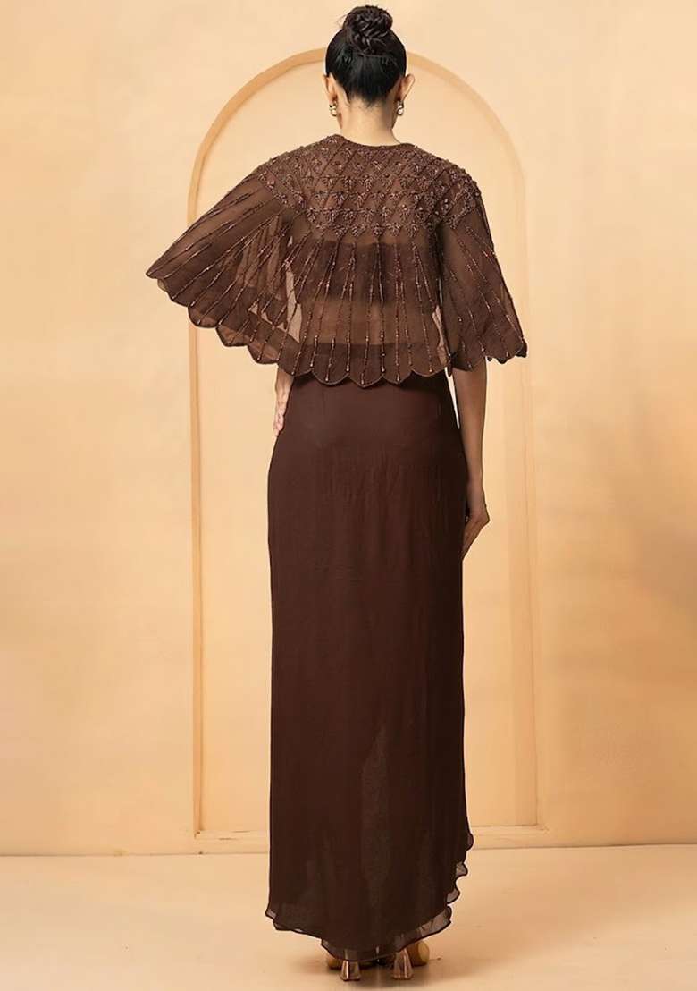 Brown Hand Work Chiffon Fusion Set - Indya