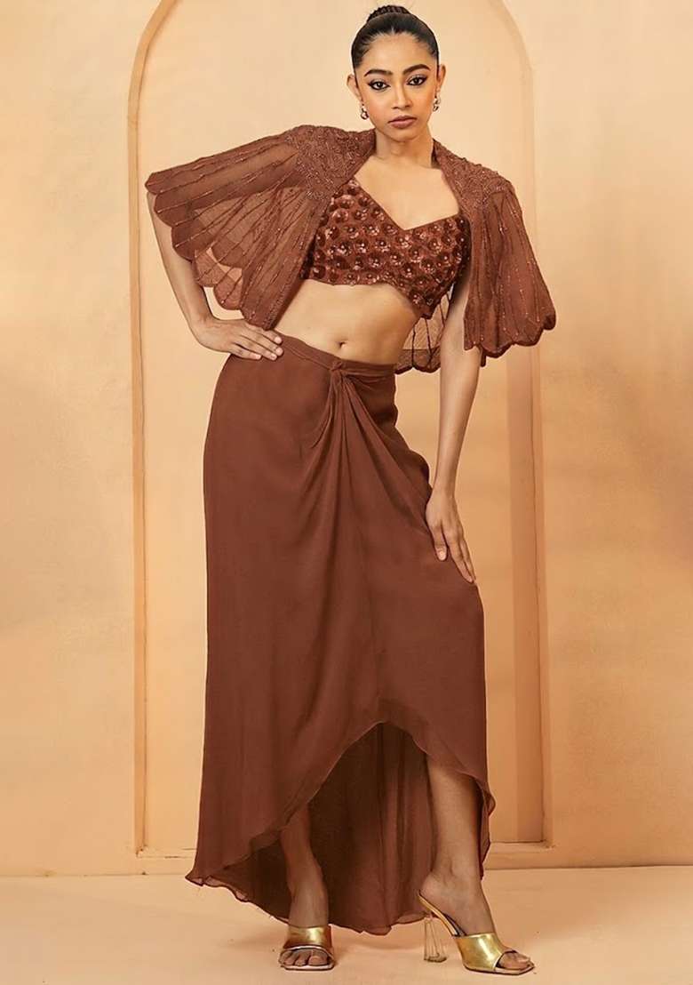 Brown Hand Work Chiffon Fusion Set - Indya