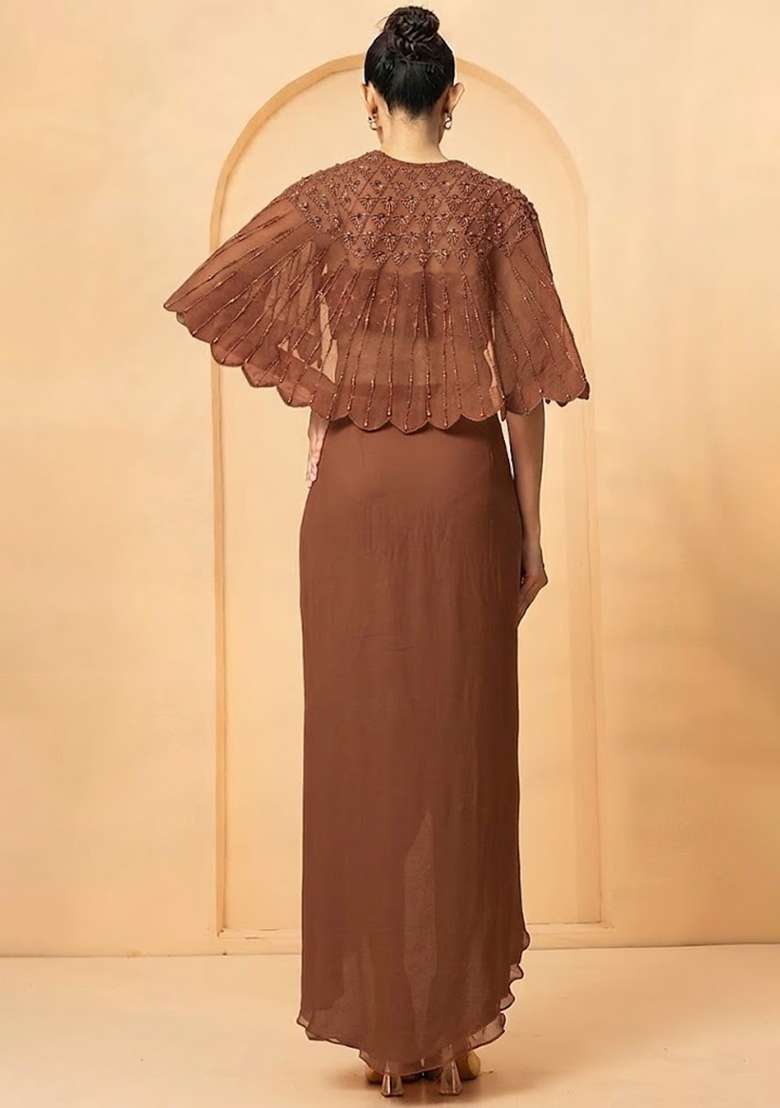 Brown Hand Work Chiffon Fusion Set - Indya