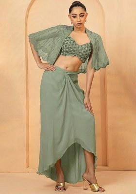 Sage Green Hand Work Chiffon Fusion Set