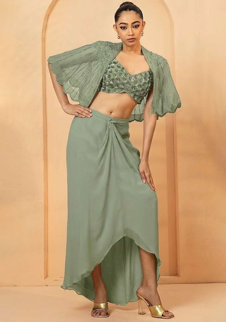 Sage Green Hand Work Chiffon Fusion Set - Indya