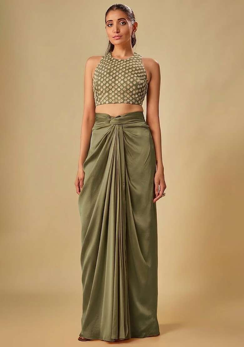 Olive Green Hand Work Crepe Fusion Set - Indya