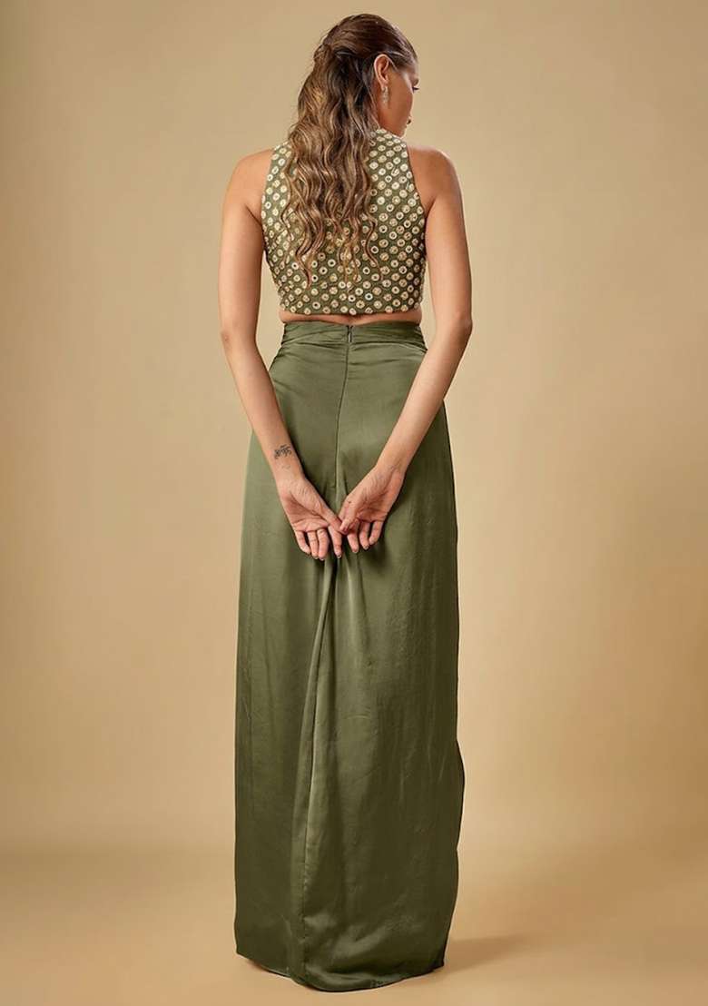 Olive Green Hand Work Crepe Fusion Set - Indya