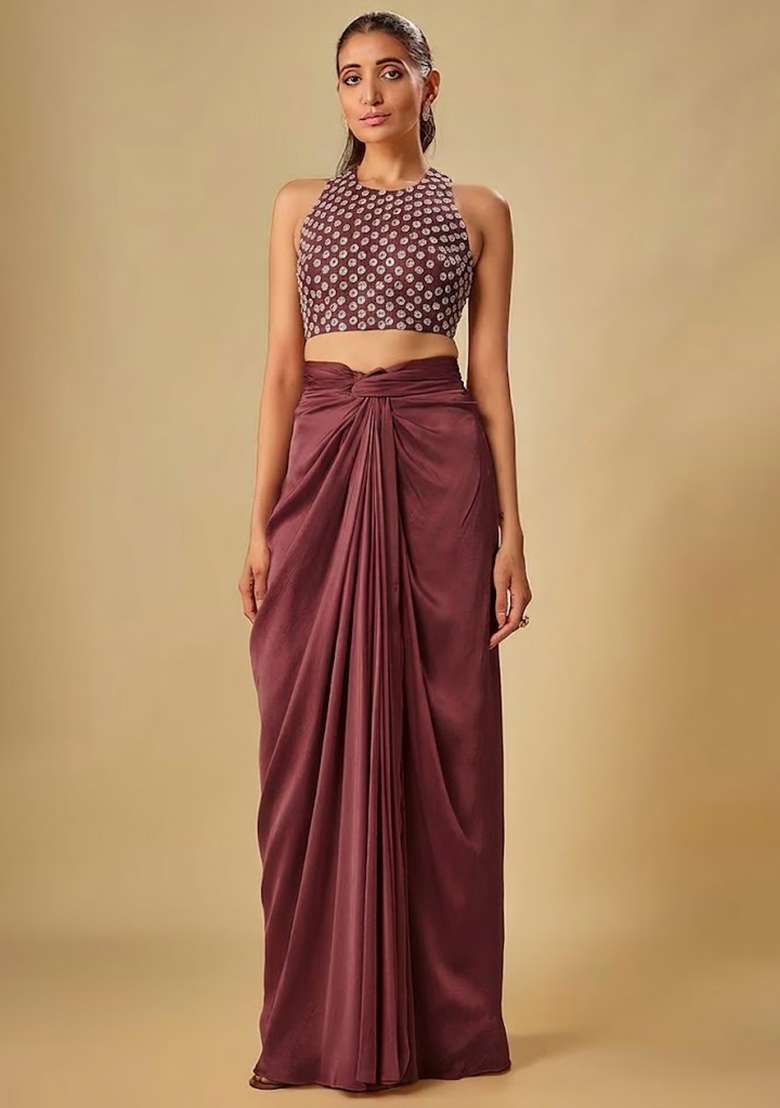 Brown Hand Work Crepe Fusion Set - Indya