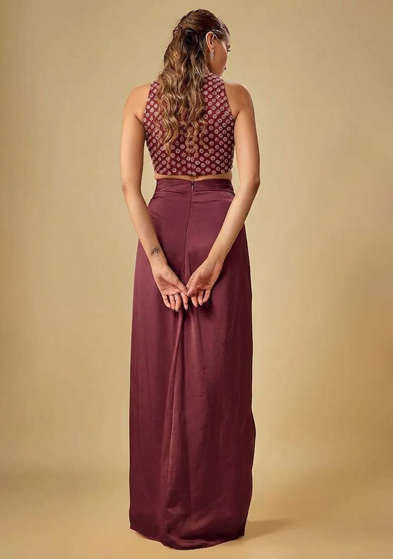 Brown Hand Work Crepe Fusion Set - Indya
