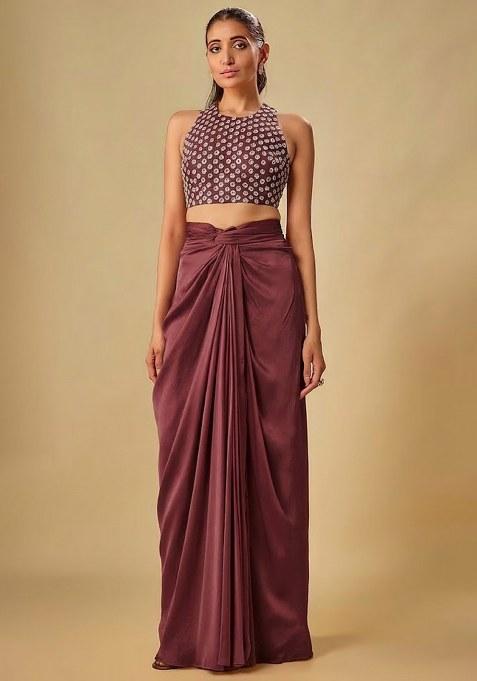 Brown Hand Work Crepe Fusion Set