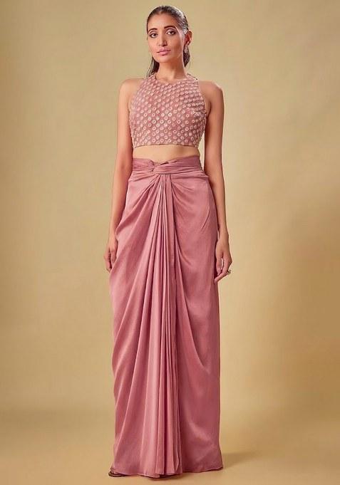 Pink Hand Work Crepe Fusion Set