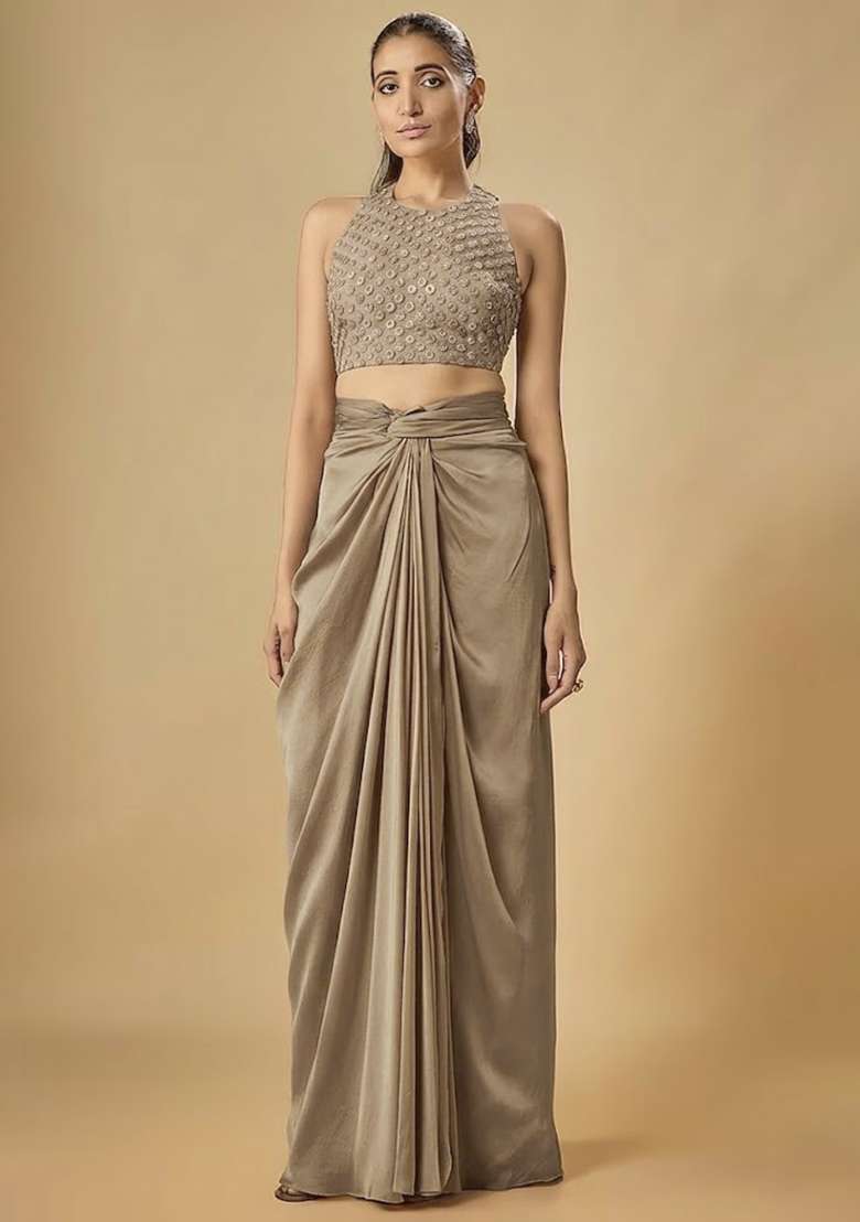 Grey Hand Work Crepe Fusion Set - Indya