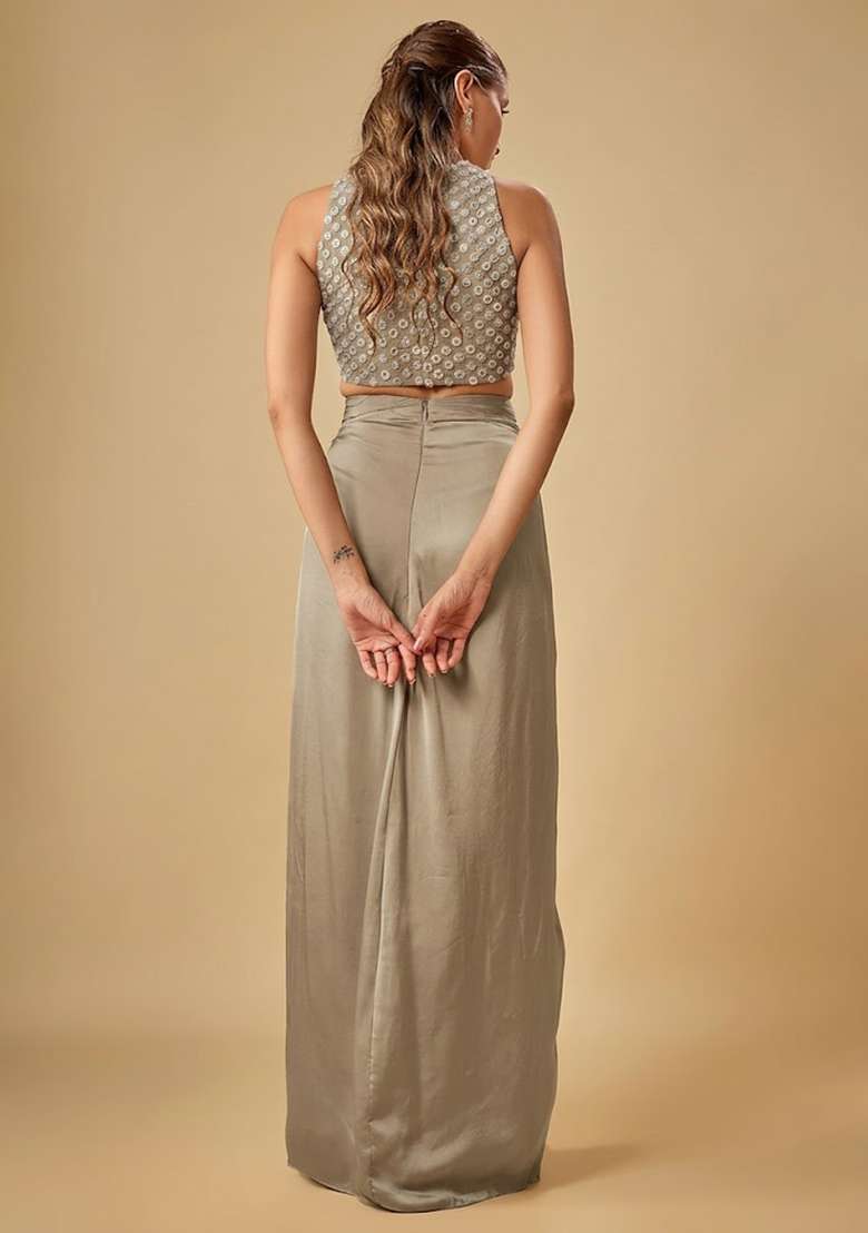 Grey Hand Work Crepe Fusion Set - Indya