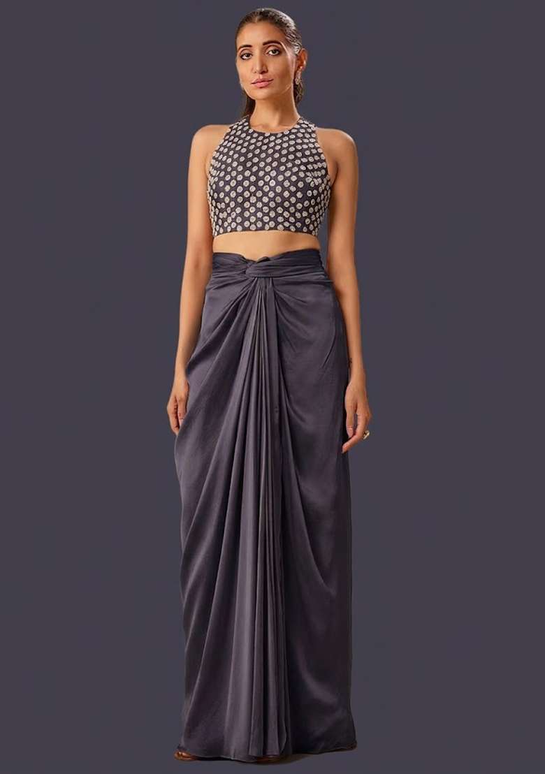 Midnight Blue Hand Work Crepe Fusion Set - Indya