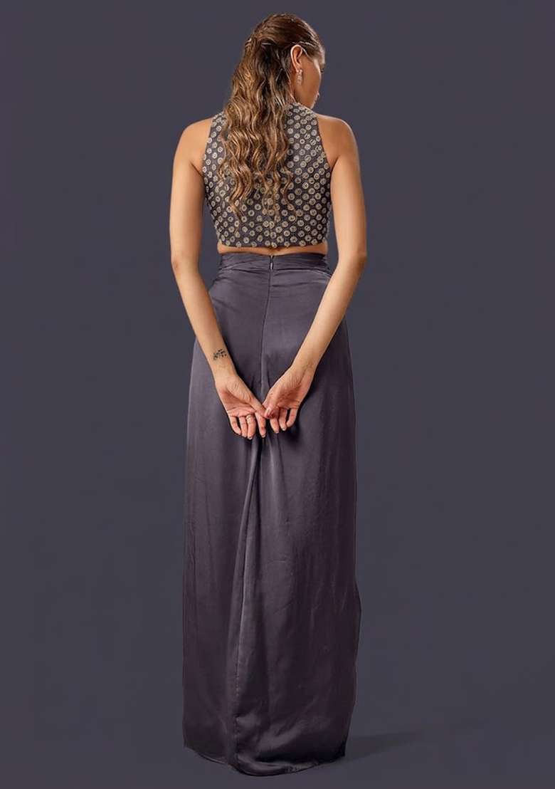 Midnight Blue Hand Work Crepe Fusion Set - Indya