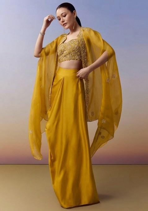 Mustard Hand Work Crepe Fusion Set