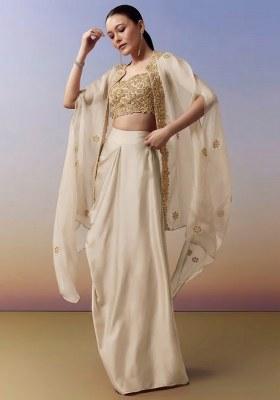 Off White Hand Work Crepe Fusion Set