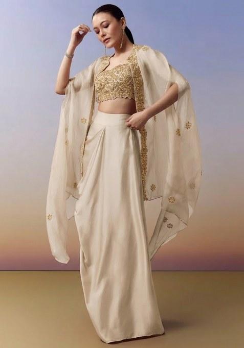 Off White Hand Work Crepe Fusion Set